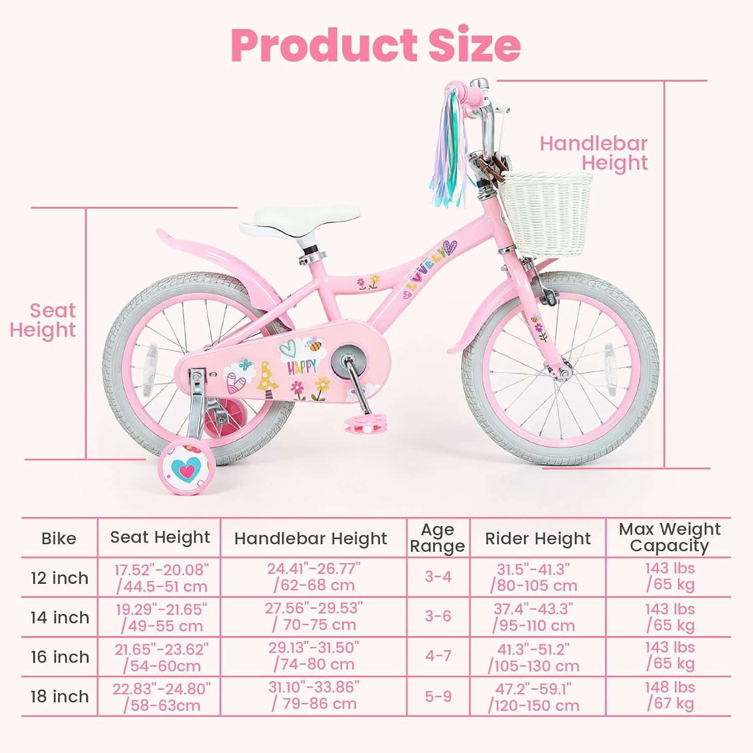 Olakids Kids Bike, 12 14 16 18 Inch Sweet Heart Theme Girls Bicycle with Training Wheels