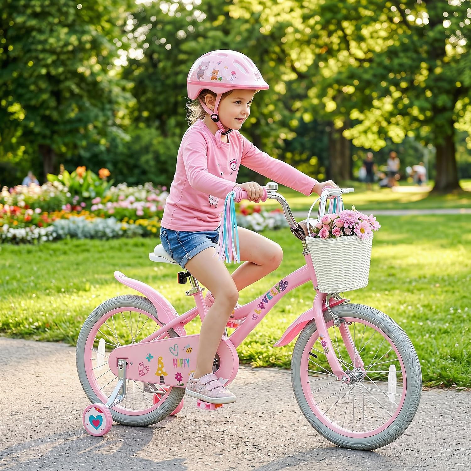 Olakids Kids Bike, 12 14 16 18 Inch Sweet Heart Theme Girls Bicycle with Training Wheels