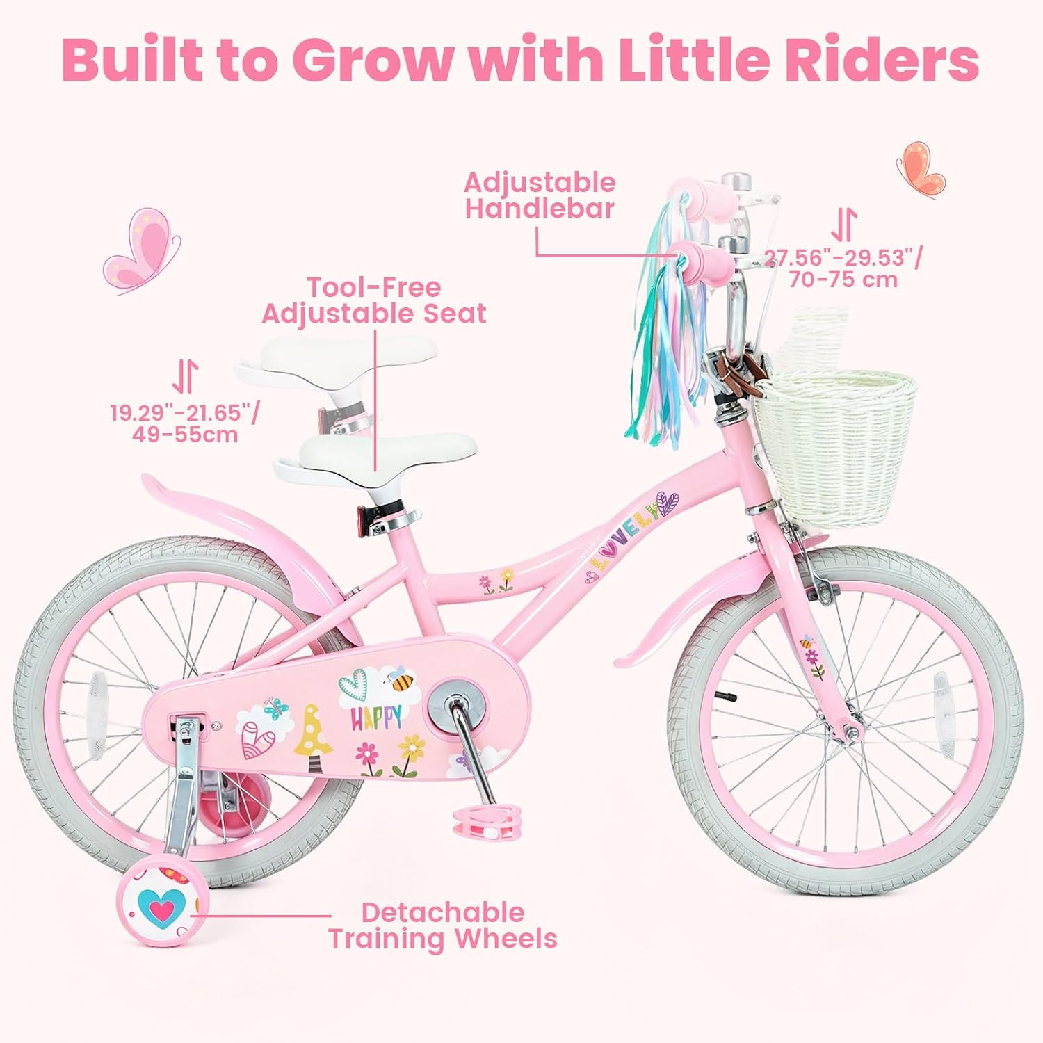 Olakids Kids Bike, 12 14 16 18 Inch Sweet Heart Theme Girls Bicycle with Training Wheels