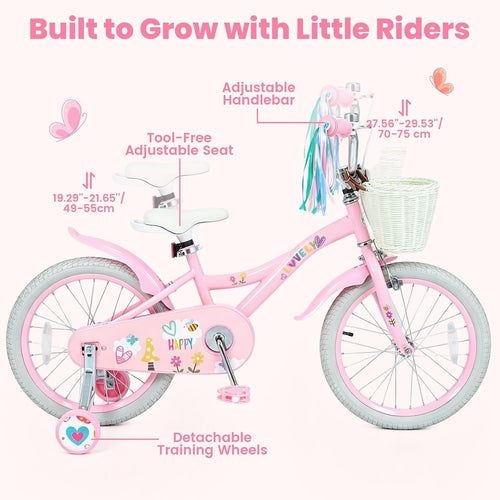 Olakids Kids Bike, 12 14 16 18 Inch Sweet Heart Theme Girls Bicycle with Training Wheels