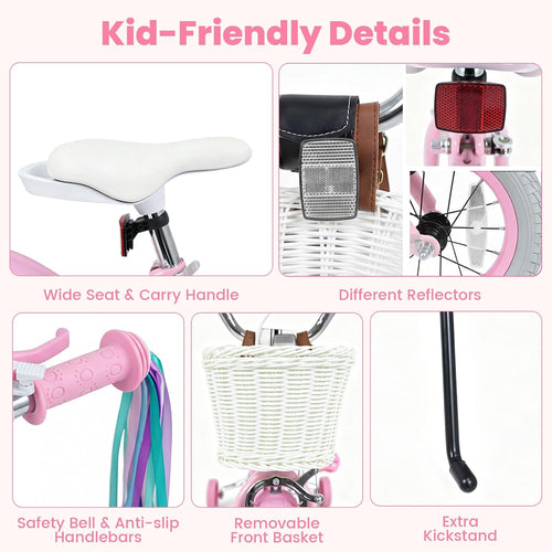 Olakids Kids Bike, 12 14 16 18 Inch Sweet Heart Theme Girls Bicycle with Training Wheels