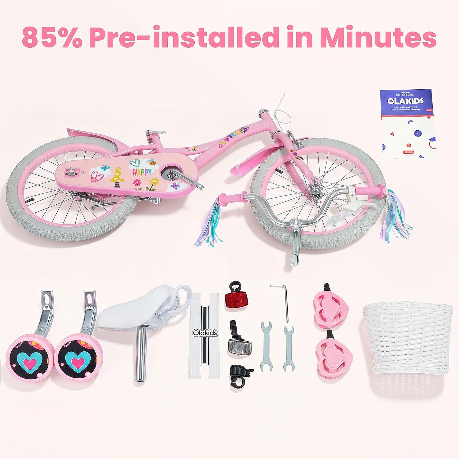 Olakids Kids Bike, 12 14 16 18 Inch Sweet Heart Theme Girls Bicycle with Training Wheels