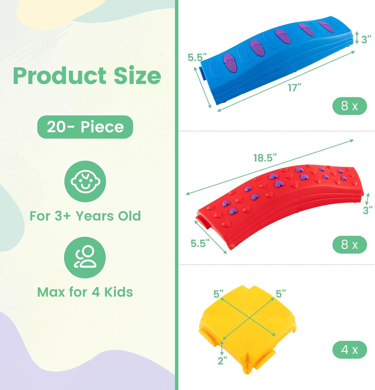OLAKIDS Kids Balance Beam Stepping Stones Set, 20 PCS Montessori Obstacle Course for Toddler Indoor Outdoor