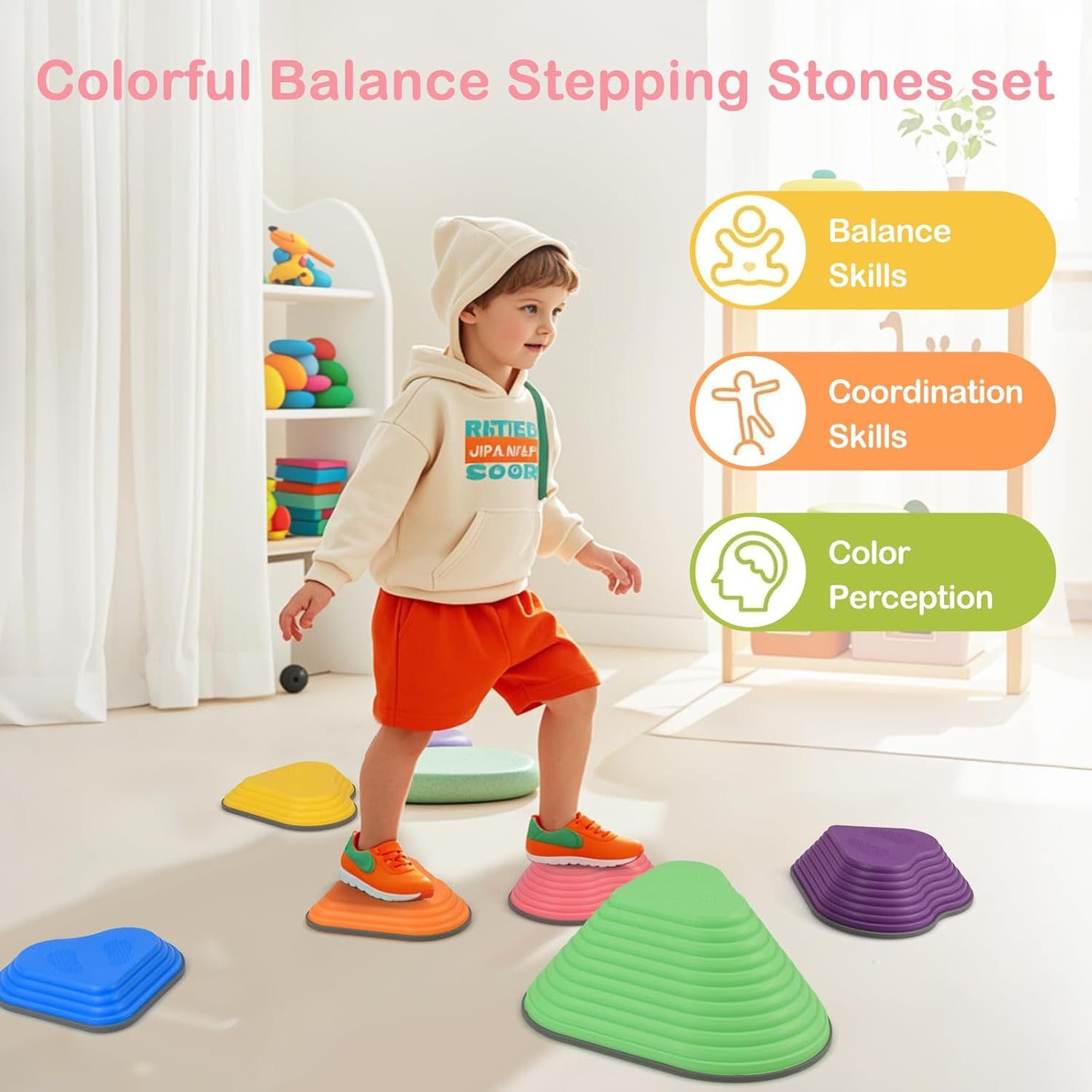 OLAKIDS Balance Stepping Stones for Kids 6pcs Non-Slip Plastic Balance Stones for Age 3-8 Years