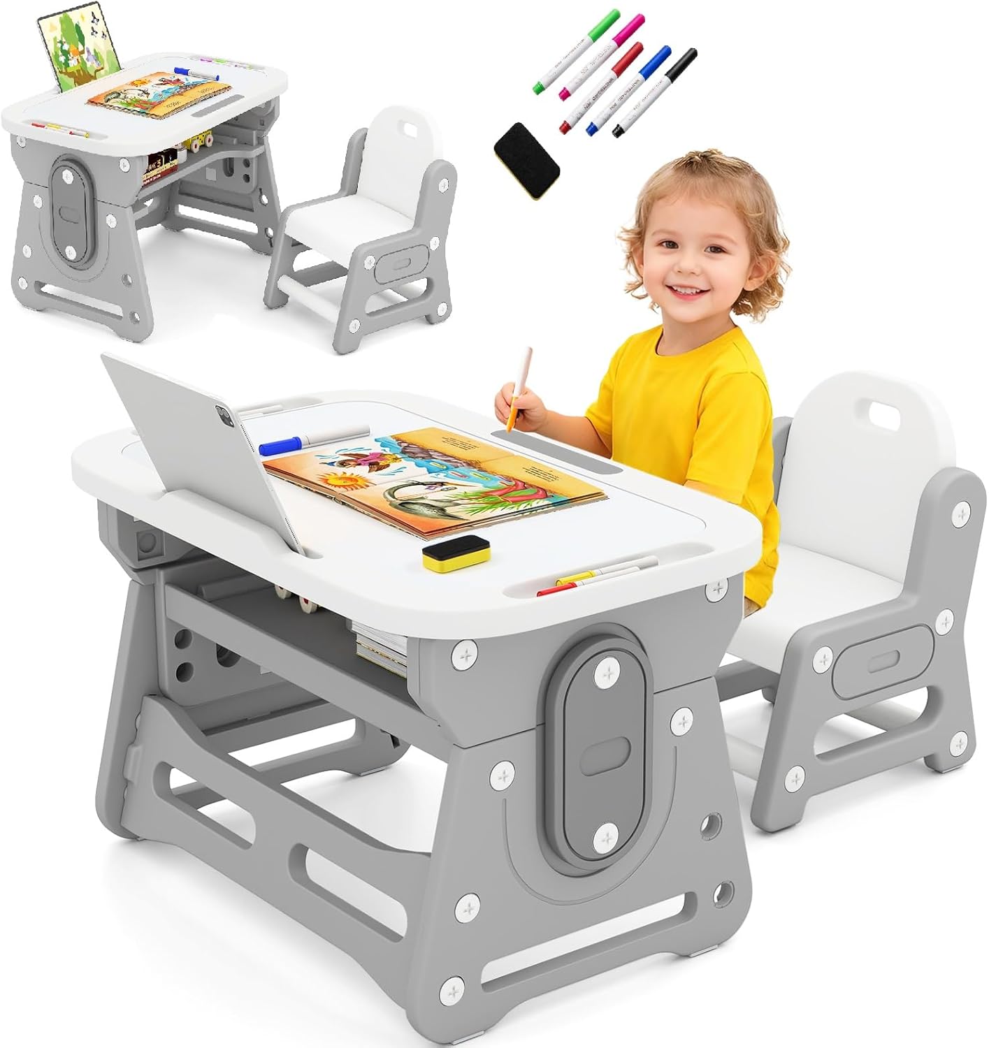 OLAKIDS Kids Adjustable Table & Chair Set with Drawing Board for 3+ Indoor Art/Study Furniture