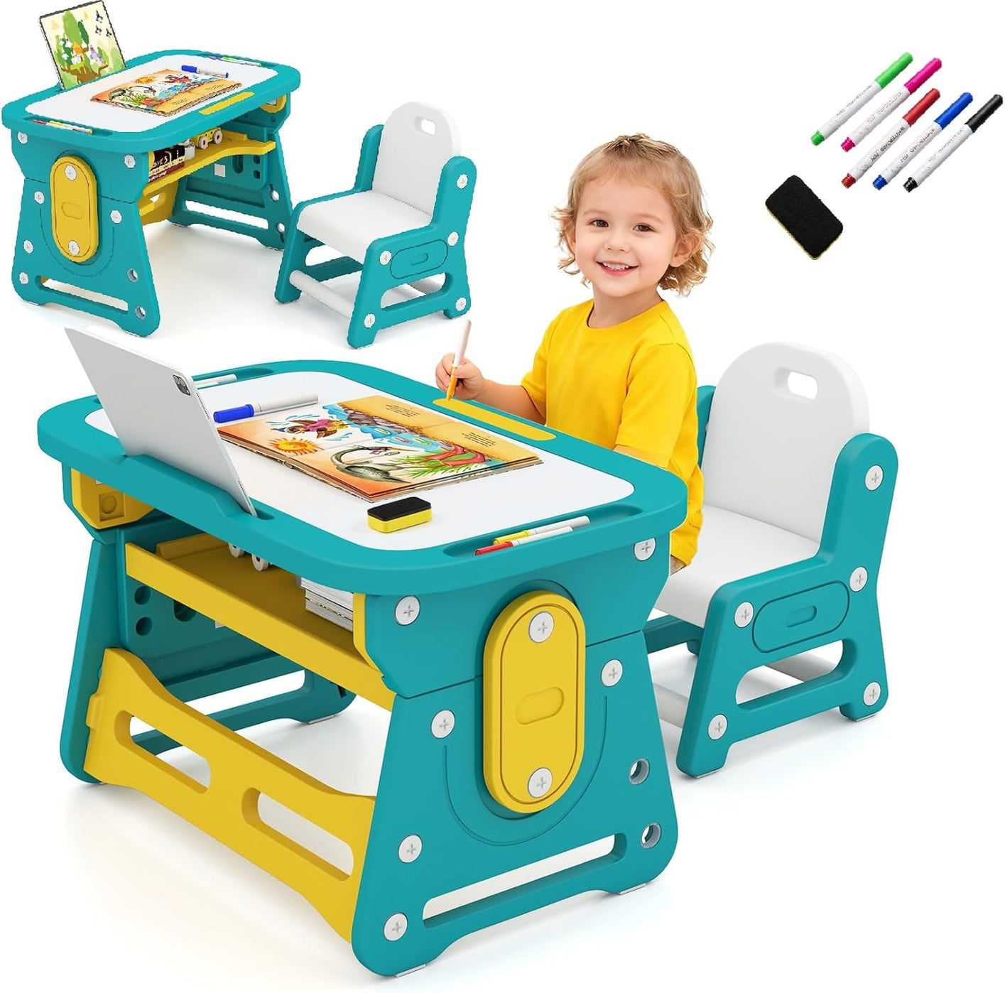 OLAKIDS Kids Adjustable Table & Chair Set with Drawing Board for 3+ Indoor Art/Study Furniture