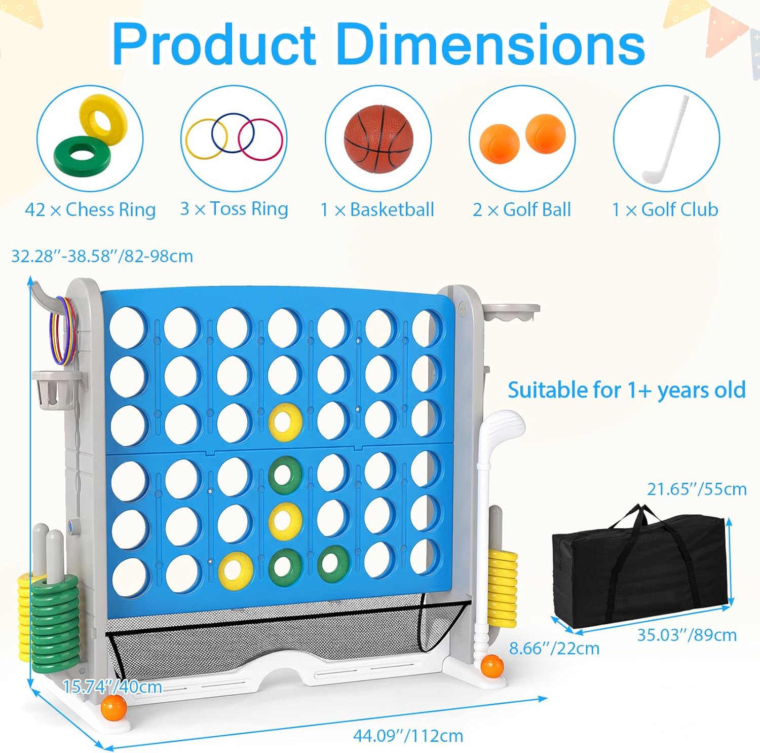 OLAKIDS Giant 4 in A Row Game with Height Adjustment, 4 to Score Games for Indoor Outdoor Fun