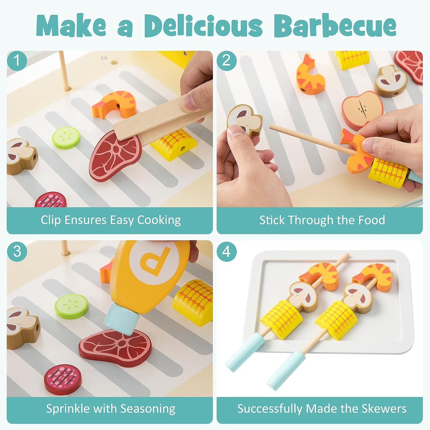 OLAKIDS Barbecue Grill Playset, Kids Wooden Pretend BBQ Toy Set with 21 Food Accessories, Role Play Kitchen Cooking Set Gift for Toddlers Boys Girls Age 3+