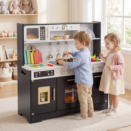 OLAKIDS Wooden Play Kitchen with Lights, Sounds, Dishwasher & Coffee Machine, Pretend Cooking Set for Ages 3+