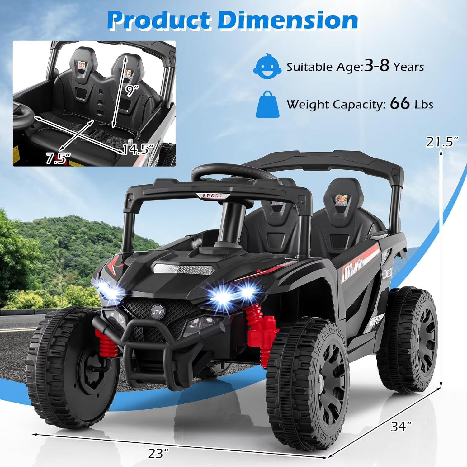 OLAKIDS 12V Ride on Car UTV, Electric Off-Road Truck with Remote Control, Lockable Doors, Safety Belt, Horn, Music, Lights, 4 Wheeler Toys for Kids Toddlers Aged 3+ Years