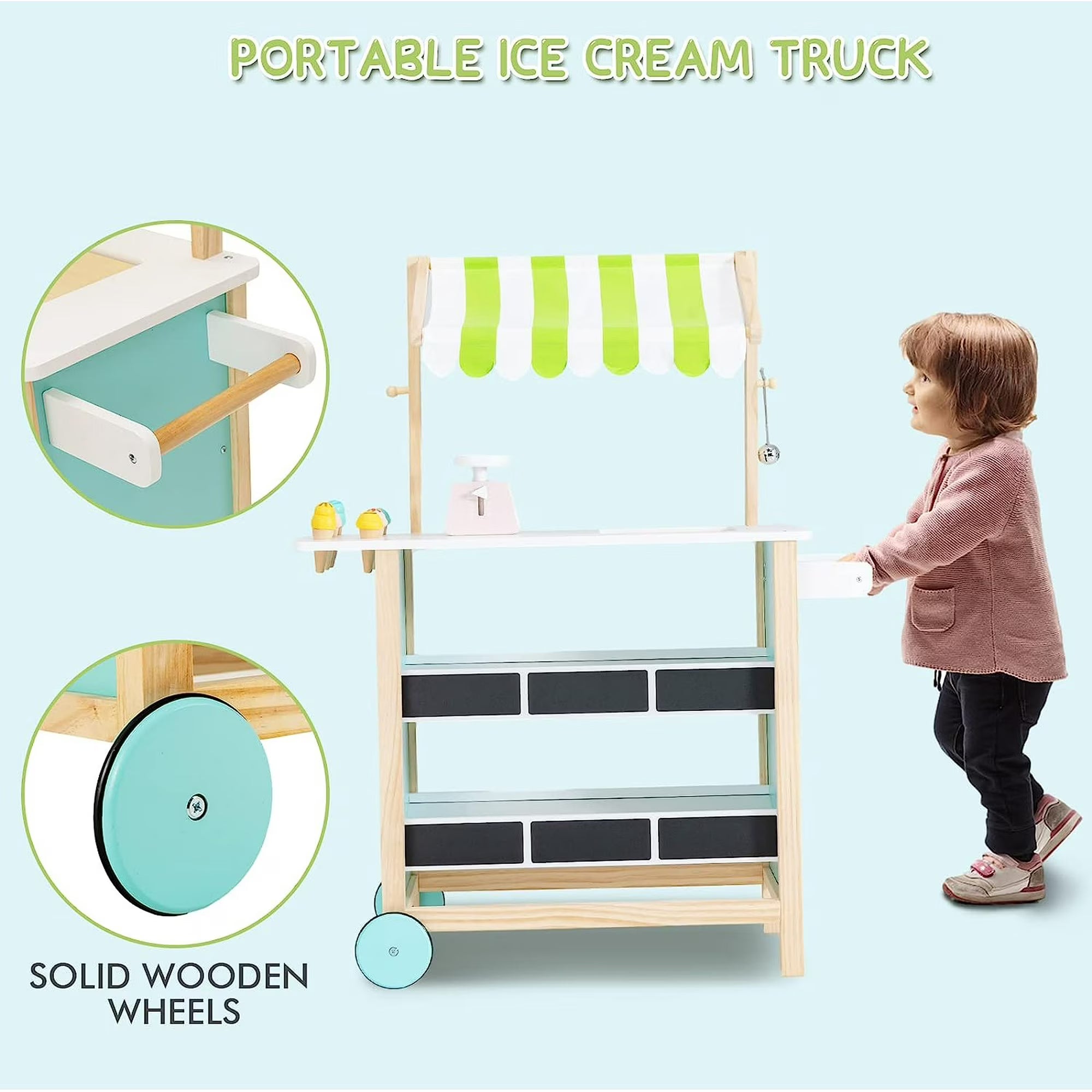 OLAKIDS Wooden Grocery Store Marketplace Toy, Supermarket Pretend Play, Extra Storage 6 Ice Creams Scales Bells Chalkboards, Fun Indoor Farmer's Market Stand Set Gift for Ages 3+
