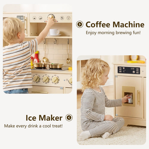 OLAKIDS Wooden Play Kitchen with Lights, Sounds, Dishwasher & Coffee Machine, Pretend Cooking Set for Ages 3+