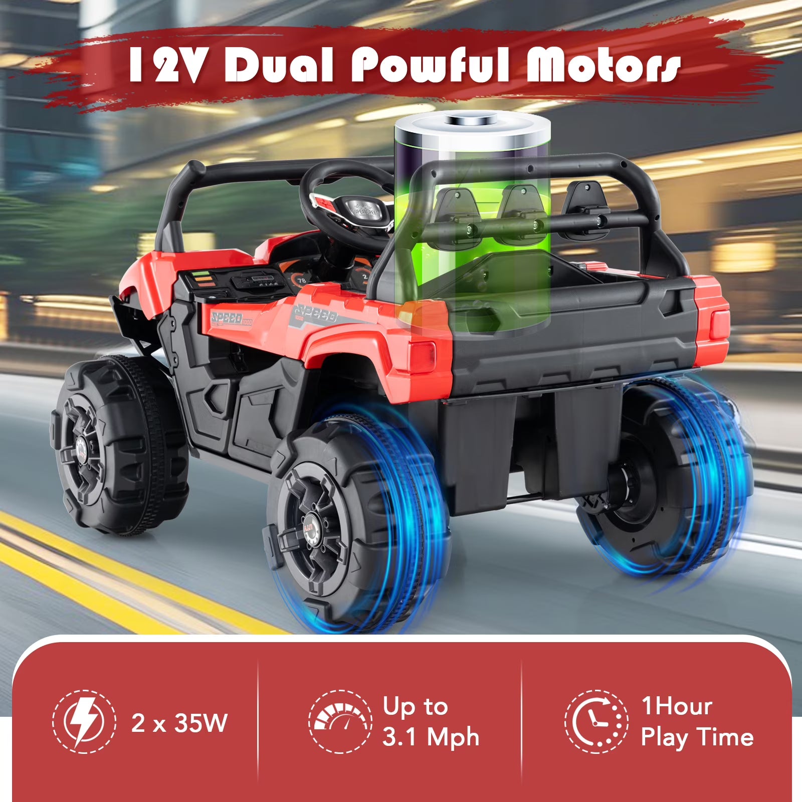 OLAKIDS 12V Ride on UTV, Battery Powered Off-Road Kids Electric Vehicles with Remote Control, Music, Horn, MP3, Lights, 3 Speeds, Soft Start, Ride on Truck for 3+ Boys Girls