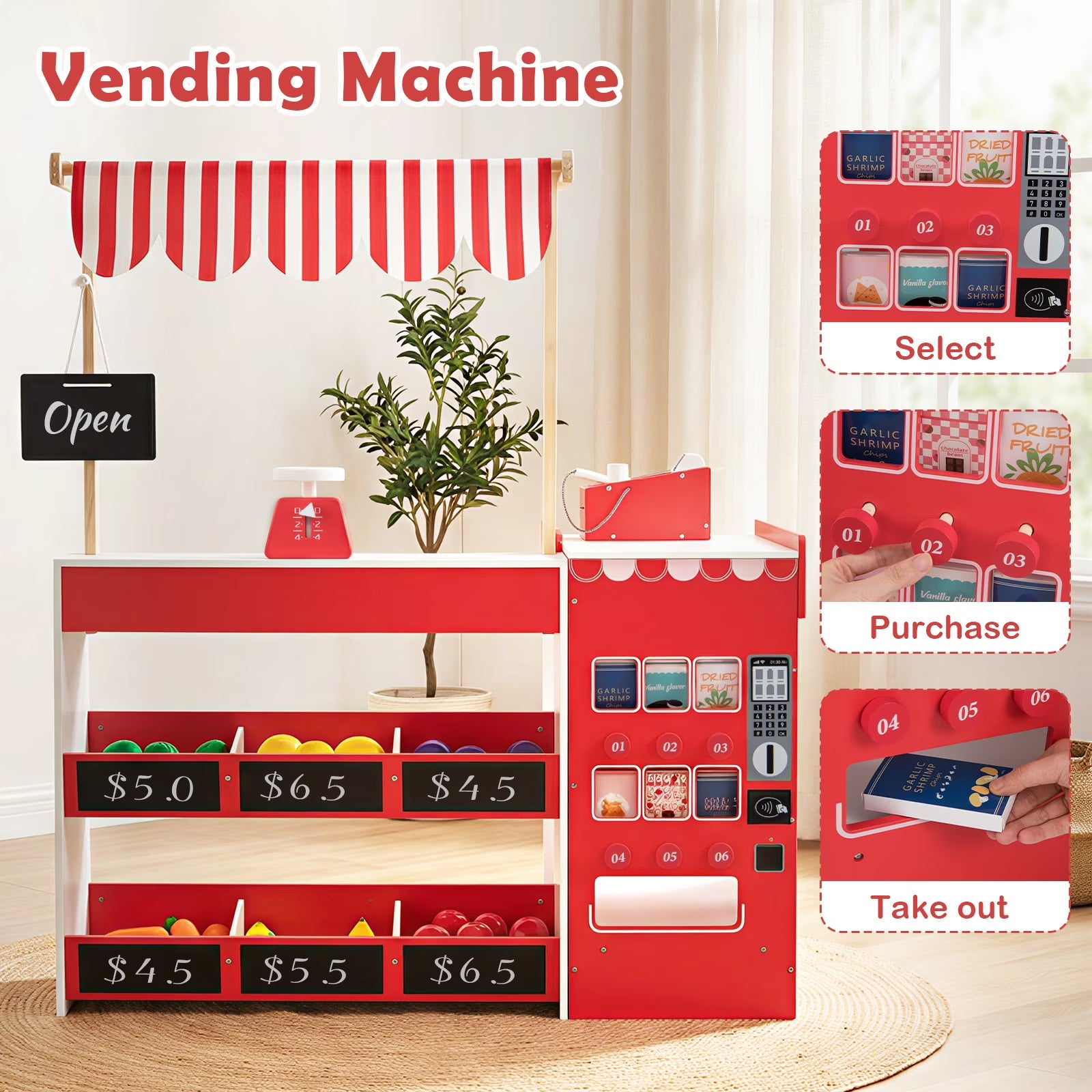 INFANS Grocery Store Pretend Play for Kids, Wooden Supermarket Toy Set with Shopping Cart, Vending Machine, Cash Register, Gift for Boys Girls 3+