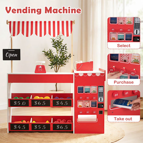 INFANS Grocery Store Pretend Play for Kids, Wooden Supermarket Toy Set with Shopping Cart, Vending Machine, Cash Register, Gift for Boys Girls 3+