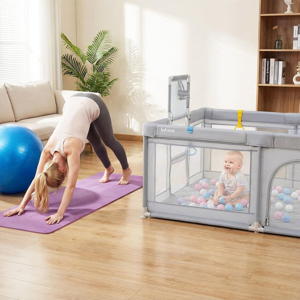 INFANS 74" x 62" Baby Playpen with Soft Mat, Basketball Hoop, 2 Soccer Goals, 4 Handles & 50 Ocean Balls, Breathable Mesh, Indoor & Outdoor Large Play Yard for Toddlers