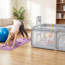 INFANS 74" x 62" Baby Playpen with Soft Mat, Basketball Hoop, 2 Soccer Goals, 4 Handles & 50 Ocean Balls, Breathable Mesh, Indoor & Outdoor Large Play Yard for Toddlers