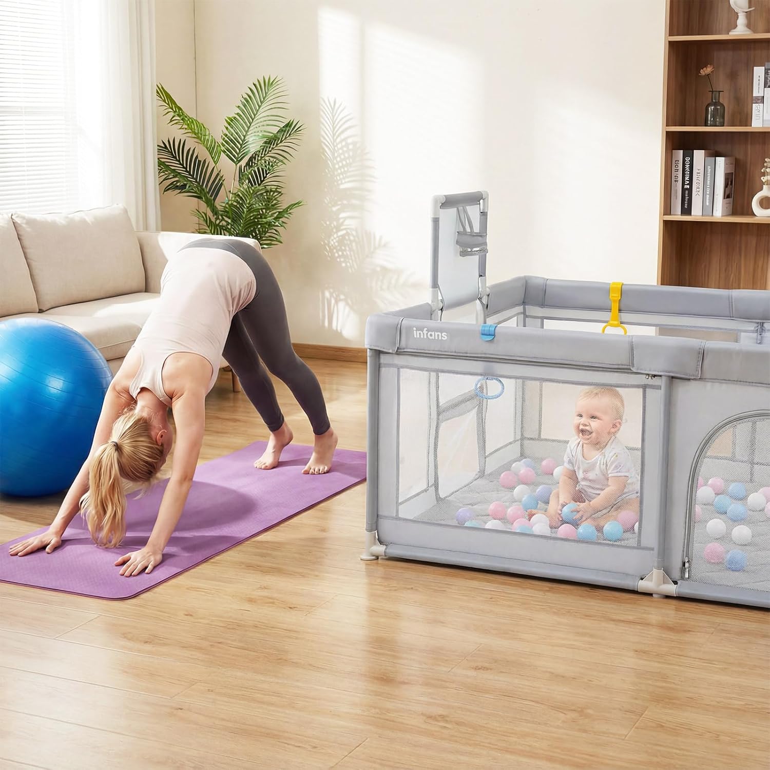 INFANS 74" x 62" Baby Playpen with Soft Mat, Basketball Hoop, 2 Soccer Goals, 4 Handles & 50 Ocean Balls, Breathable Mesh, Indoor & Outdoor Large Play Yard for Toddlers