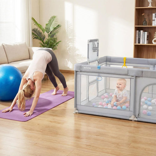 INFANS 74" x 62" Baby Playpen with Soft Mat, Basketball Hoop, 2 Soccer Goals, 4 Handles & 50 Ocean Balls, Breathable Mesh, Indoor & Outdoor Large Play Yard for Toddlers