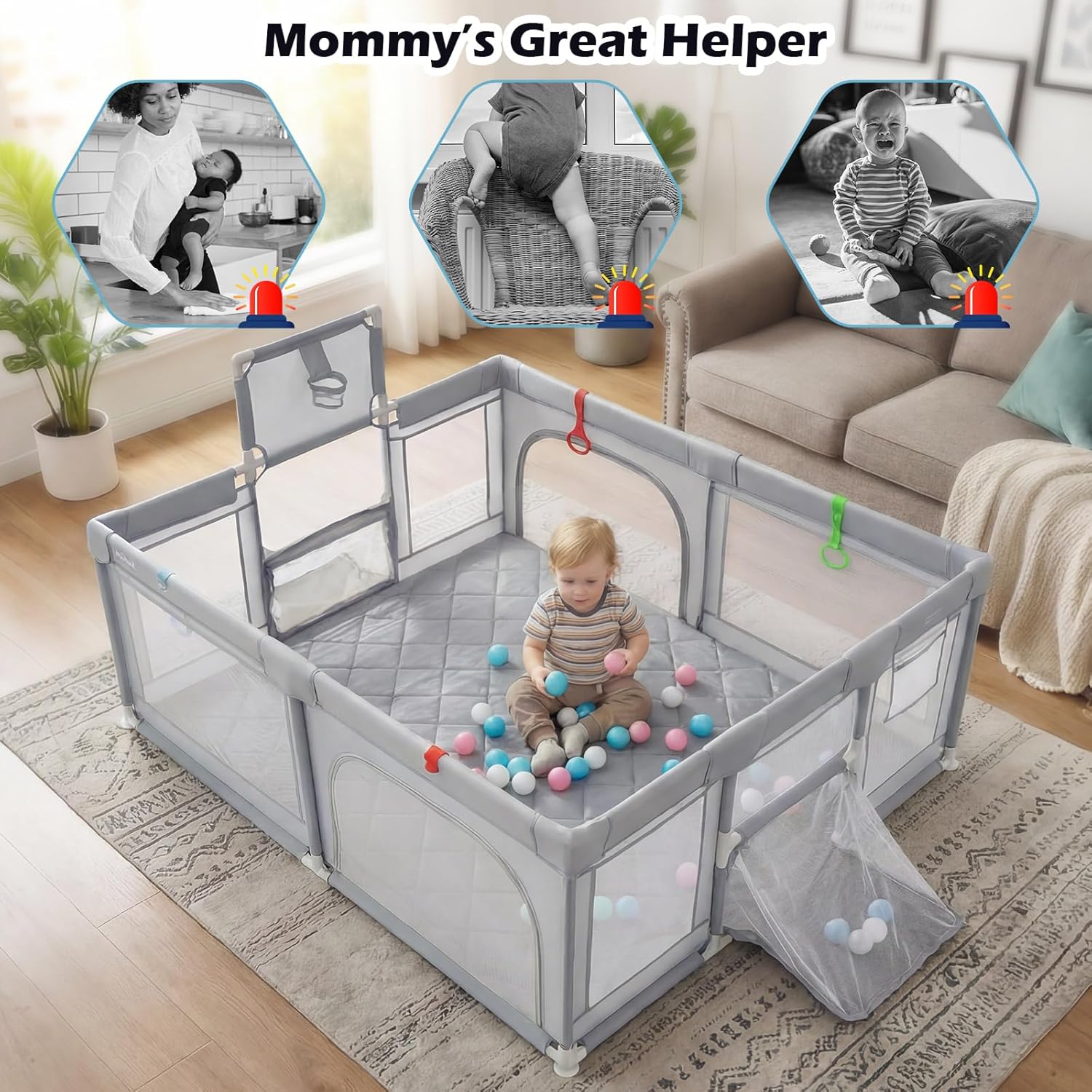 INFANS 74" x 62" Baby Playpen with Soft Mat, Basketball Hoop, 2 Soccer Goals, 4 Handles & 50 Ocean Balls, Breathable Mesh, Indoor & Outdoor Large Play Yard for Toddlers