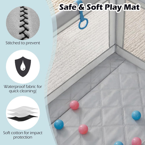 INFANS 74" x 62" Baby Playpen with Soft Mat, Basketball Hoop, 2 Soccer Goals, 4 Handles & 50 Ocean Balls, Breathable Mesh, Indoor & Outdoor Large Play Yard for Toddlers