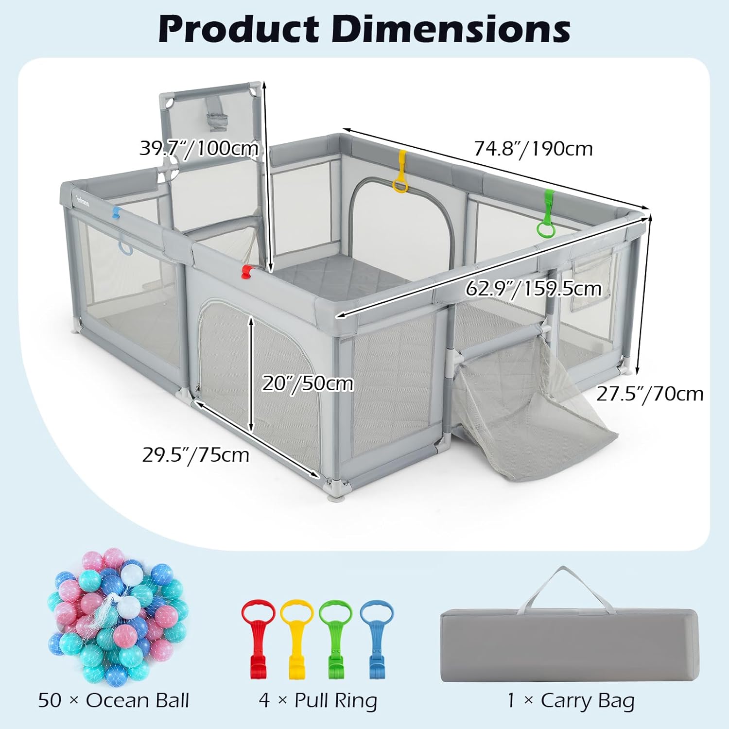 INFANS 74" x 62" Baby Playpen with Soft Mat, Basketball Hoop, 2 Soccer Goals, 4 Handles & 50 Ocean Balls, Breathable Mesh, Indoor & Outdoor Large Play Yard for Toddlers