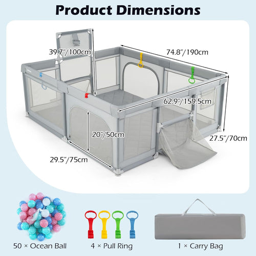 INFANS 74" x 62" Baby Playpen with Soft Mat, Basketball Hoop, 2 Soccer Goals, 4 Handles & 50 Ocean Balls, Breathable Mesh, Indoor & Outdoor Large Play Yard for Toddlers