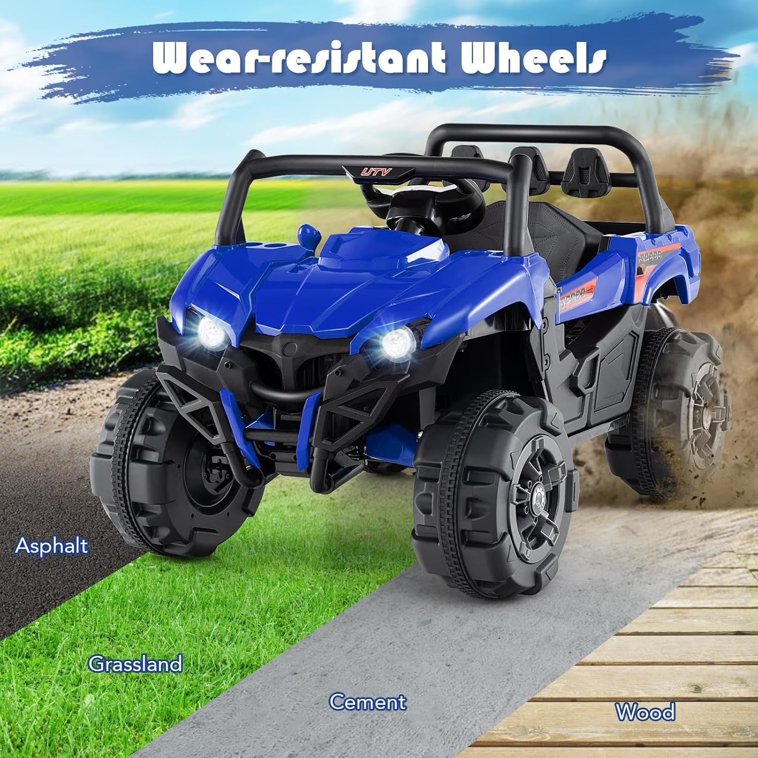 OLAKIDS 12V Ride on UTV, Battery Powered Off-Road Kids Electric Vehicles with Remote Control, Music, Horn, MP3, Lights, 3 Speeds, Soft Start, Ride on Truck for 3+ Boys Girls