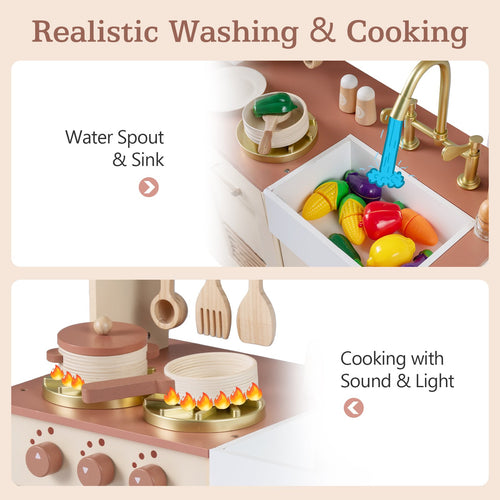 OLAKIDS Play Kitchen, Wooden Kids Cooking Toy with Realistic Lights Sounds, Ice Maker, Microwave, 14 Pretend Play Accessories for Boys Girls Ages 3+