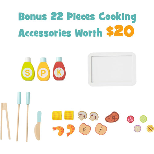 OLAKIDS Barbecue Grill Playset, Kids Wooden Pretend BBQ Toy Set with 21 Food Accessories, Role Play Kitchen Cooking Set Gift for Toddlers Boys Girls Age 3+