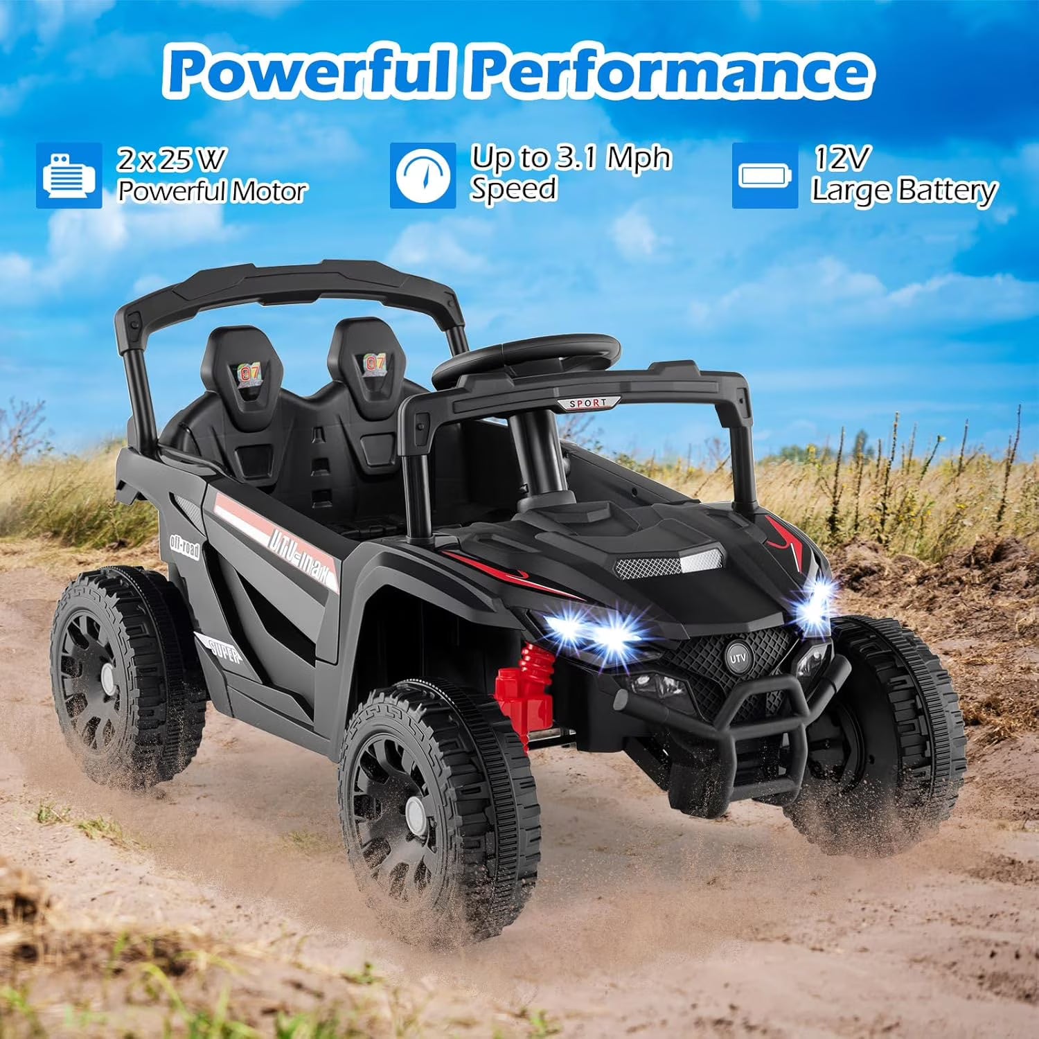 OLAKIDS 12V Ride on Car UTV, Electric Off-Road Truck with Remote Control, Lockable Doors, Safety Belt, Horn, Music, Lights, 4 Wheeler Toys for Kids Toddlers Aged 3+ Years