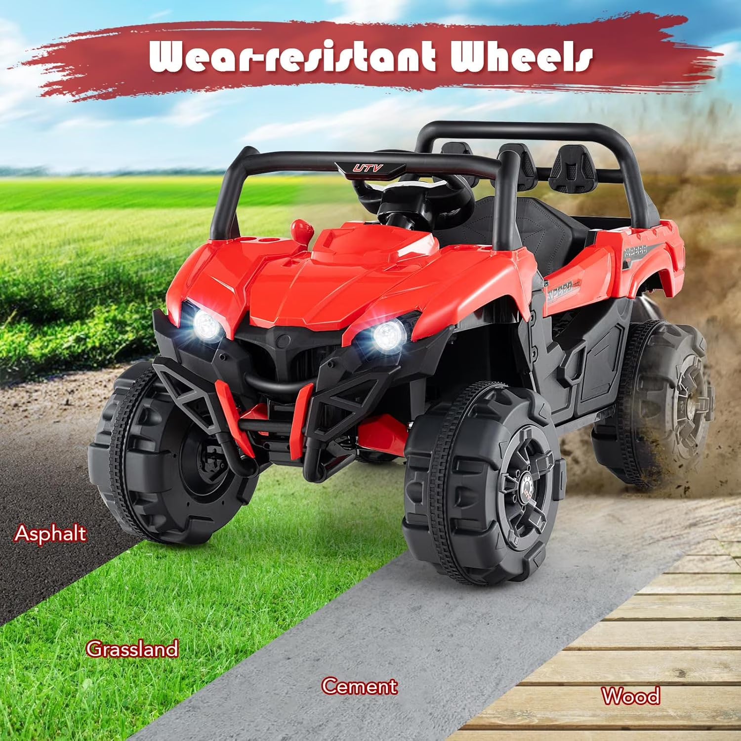 OLAKIDS 12V Ride on UTV, Battery Powered Off-Road Kids Electric Vehicles with Remote Control, Music, Horn, MP3, Lights, 3 Speeds, Soft Start, Ride on Truck for 3+ Boys Girls