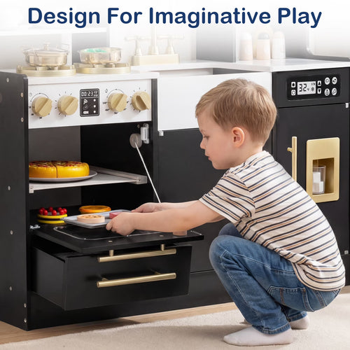 OLAKIDS Kids Kitchen Playset, Wooden Pretend Play Kitchen with Realistic Light Sound 14 Accessories, Toddler Cooking Toy for Boys Girls Aged 3+