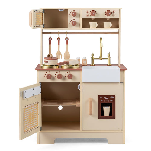 OLAKIDS Play Kitchen, Wooden Kids Cooking Toy with Realistic Lights Sounds, Ice Maker, Microwave, 14 Pretend Play Accessories for Boys Girls Ages 3+