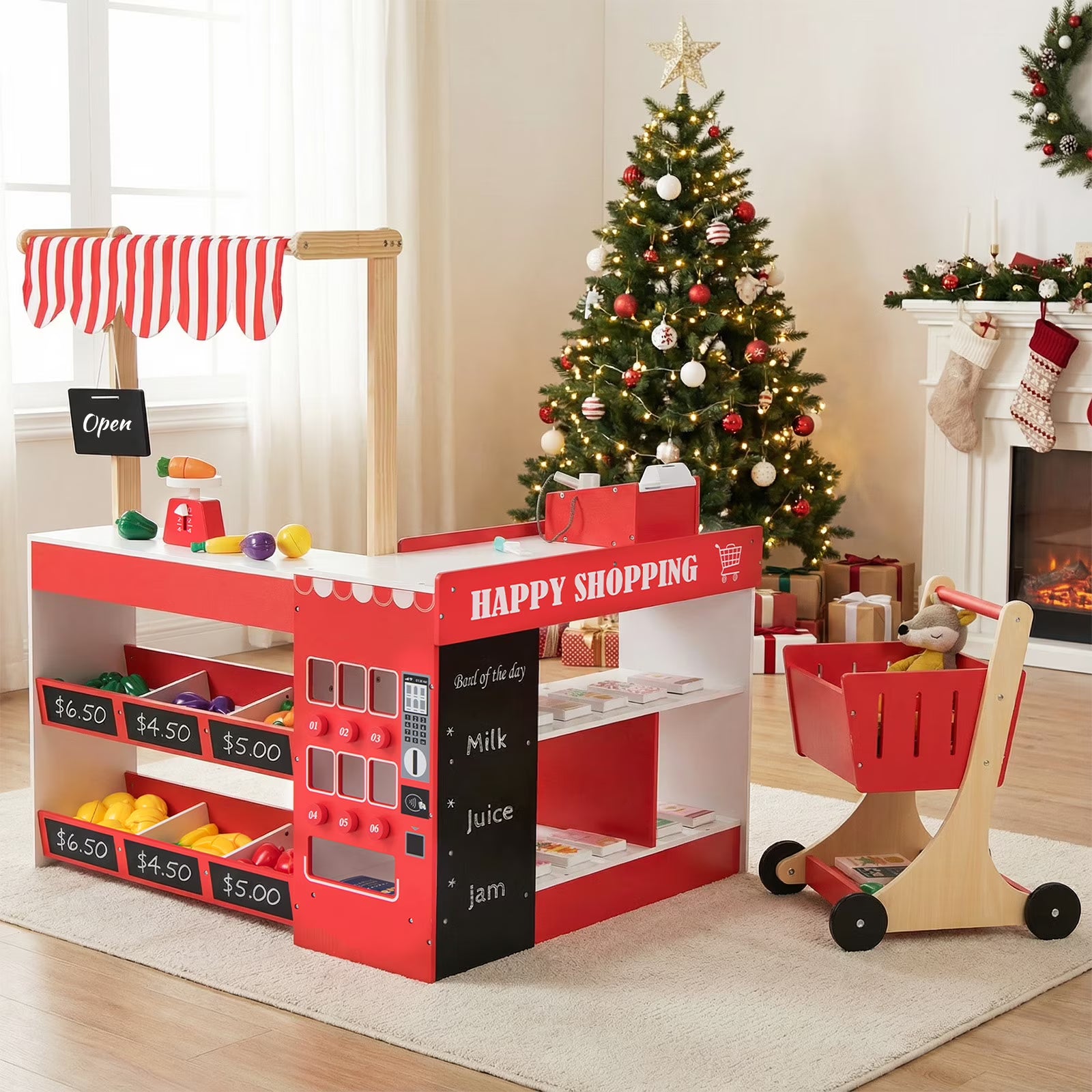 INFANS Grocery Store Pretend Play for Kids, Wooden Supermarket Toy Set with Shopping Cart, Vending Machine, Cash Register, Gift for Boys Girls 3+