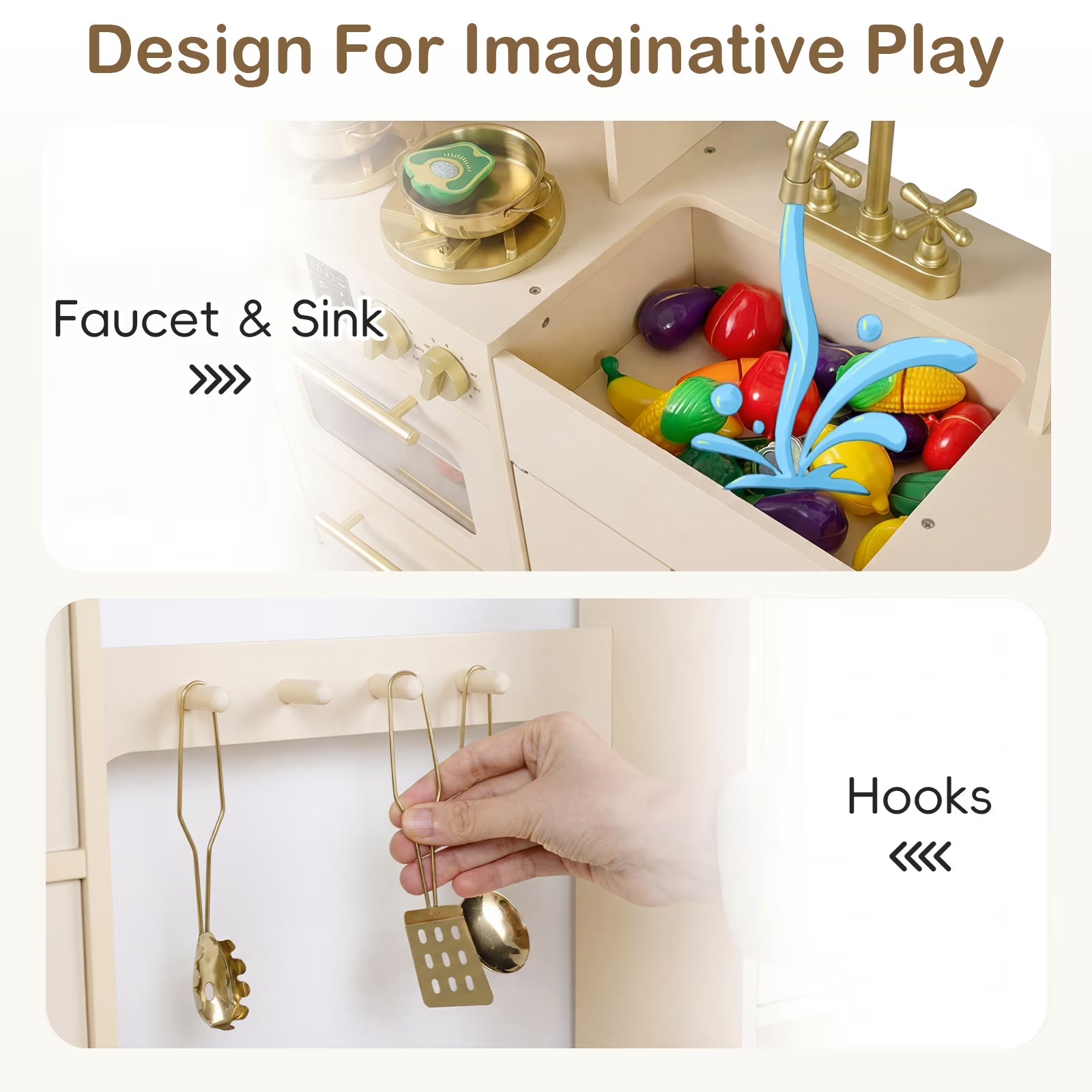 OLAKIDS Kids Kitchen Playset, Wooden Pretend Play Kitchen with Realistic Light Sound 14 Accessories, Toddler Cooking Toy for Boys Girls Aged 3+