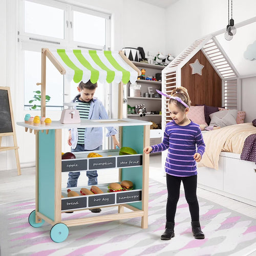 OLAKIDS Wooden Grocery Store Marketplace Toy, Supermarket Pretend Play, Extra Storage 6 Ice Creams Scales Bells Chalkboards, Fun Indoor Farmer's Market Stand Set Gift for Ages 3+