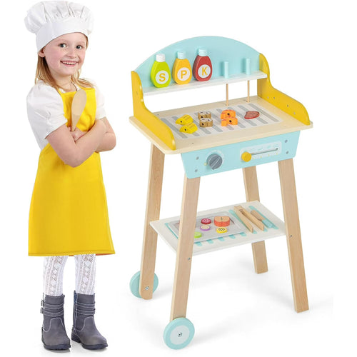 OLAKIDS Barbecue Grill Playset, Kids Wooden Pretend BBQ Toy Set with 21 Food Accessories, Role Play Kitchen Cooking Set Gift for Toddlers Boys Girls Age 3+