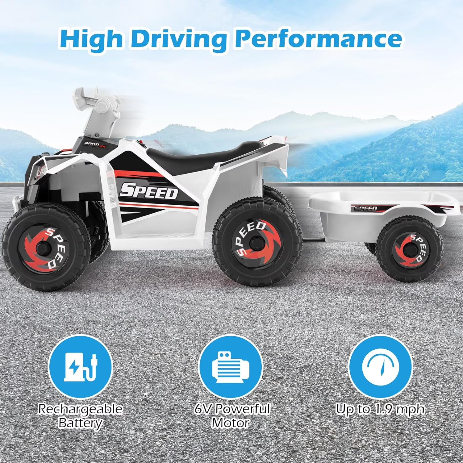 OLAKIDS 6V Kids ATV with Removable Trailer, Forward Backward Function, Widened & Wear-Resistant Wheels, Ride On Toy for Toddlers