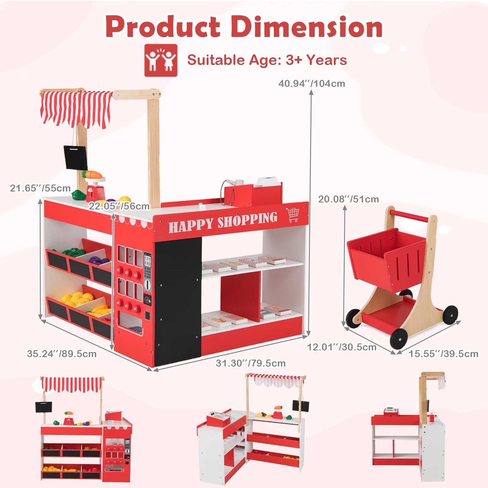 INFANS Grocery Store Pretend Play for Kids, Wooden Supermarket Toy Set with Shopping Cart, Vending Machine, Cash Register, Gift for Boys Girls 3+