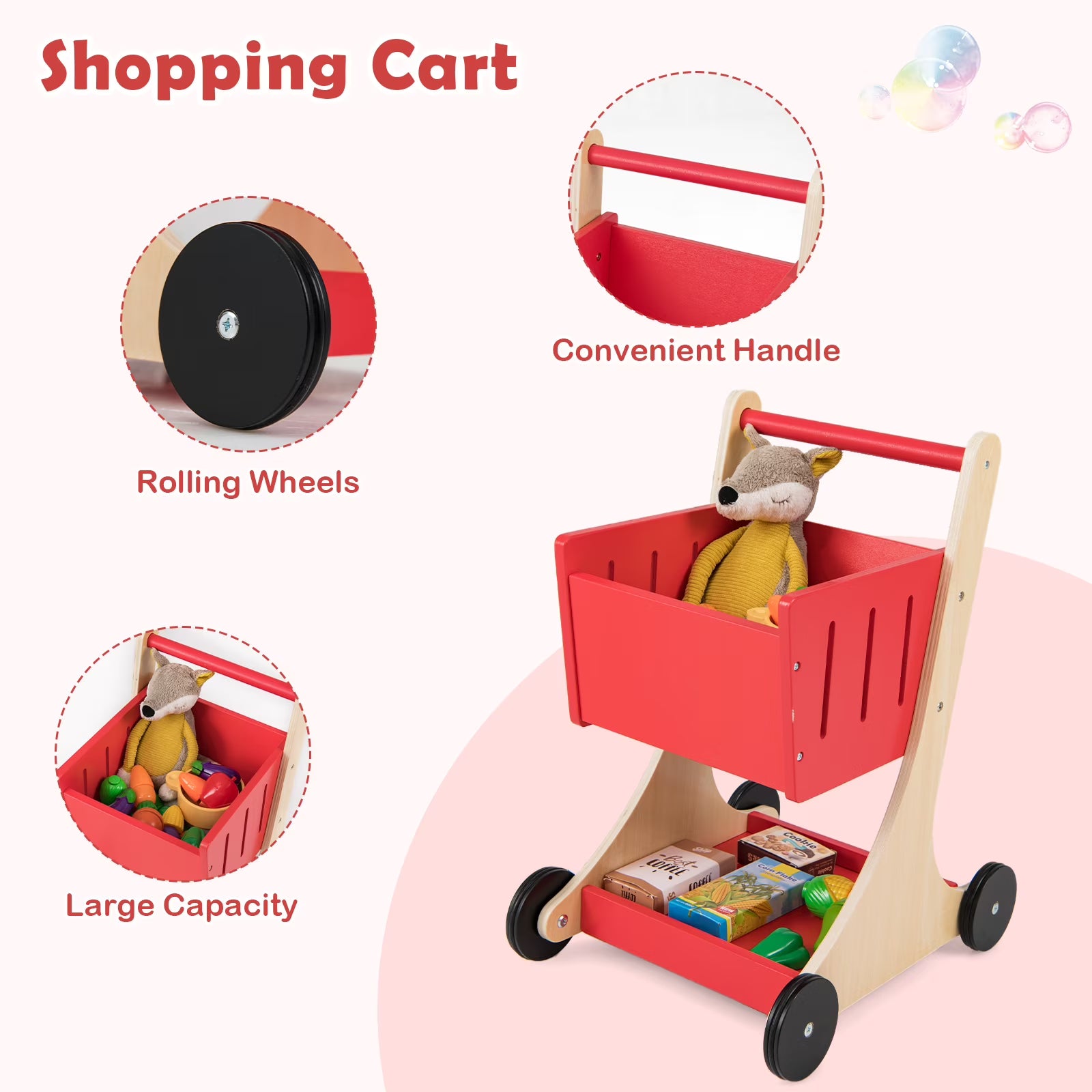 INFANS Grocery Store Pretend Play for Kids, Wooden Supermarket Toy Set with Shopping Cart, Vending Machine, Cash Register, Gift for Boys Girls 3+
