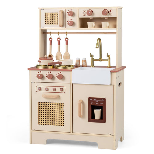OLAKIDS Play Kitchen, Wooden Kids Cooking Toy with Realistic Lights Sounds, Ice Maker, Microwave, 14 Pretend Play Accessories for Boys Girls Ages 3+