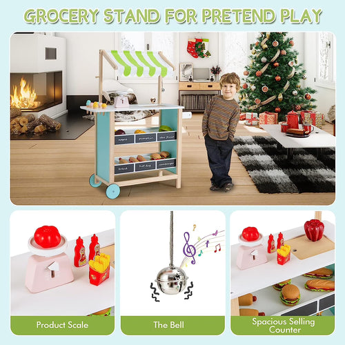 OLAKIDS Wooden Grocery Store Marketplace Toy, Supermarket Pretend Play, Extra Storage 6 Ice Creams Scales Bells Chalkboards, Fun Indoor Farmer's Market Stand Set Gift for Ages 3+