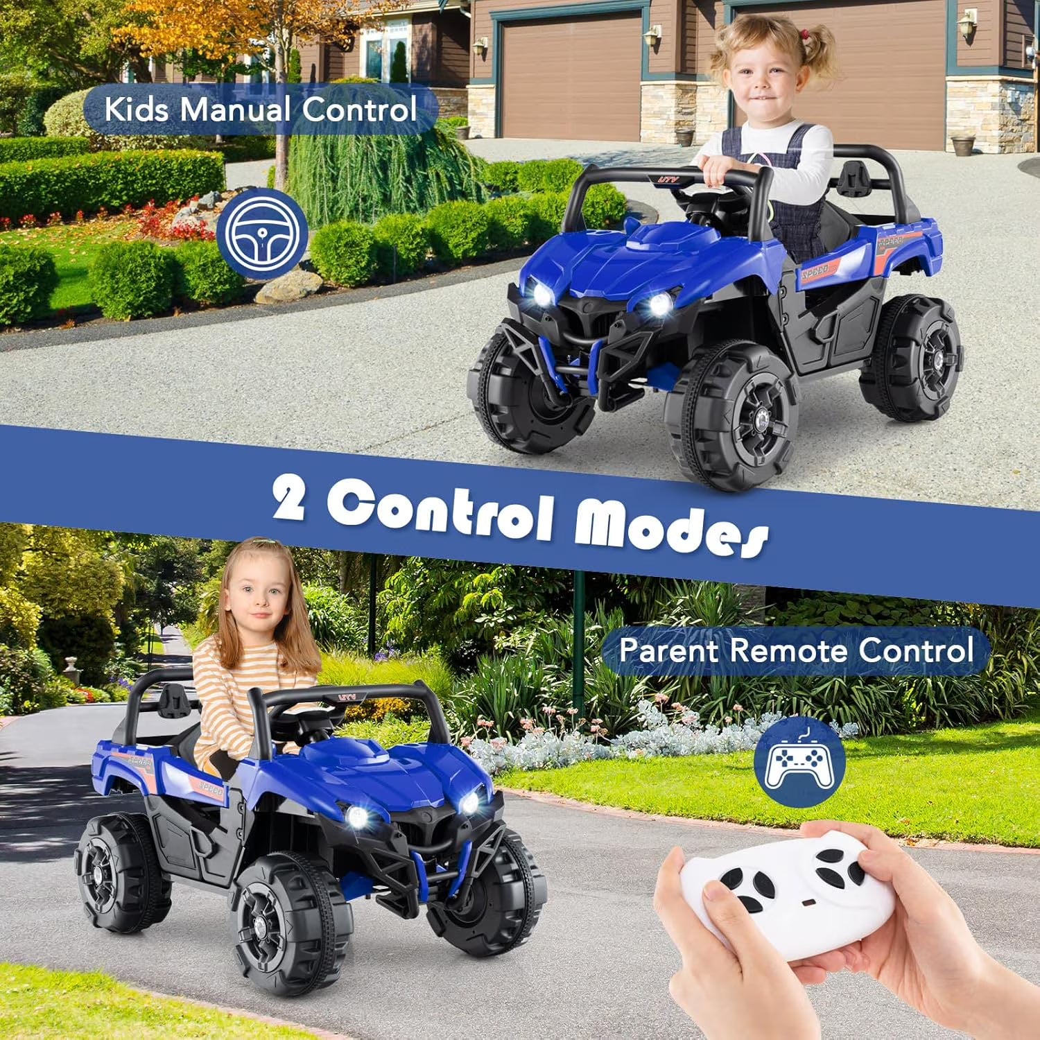 OLAKIDS 12V Ride on UTV, Battery Powered Off-Road Kids Electric Vehicles with Remote Control, Music, Horn, MP3, Lights, 3 Speeds, Soft Start, Ride on Truck for 3+ Boys Girls