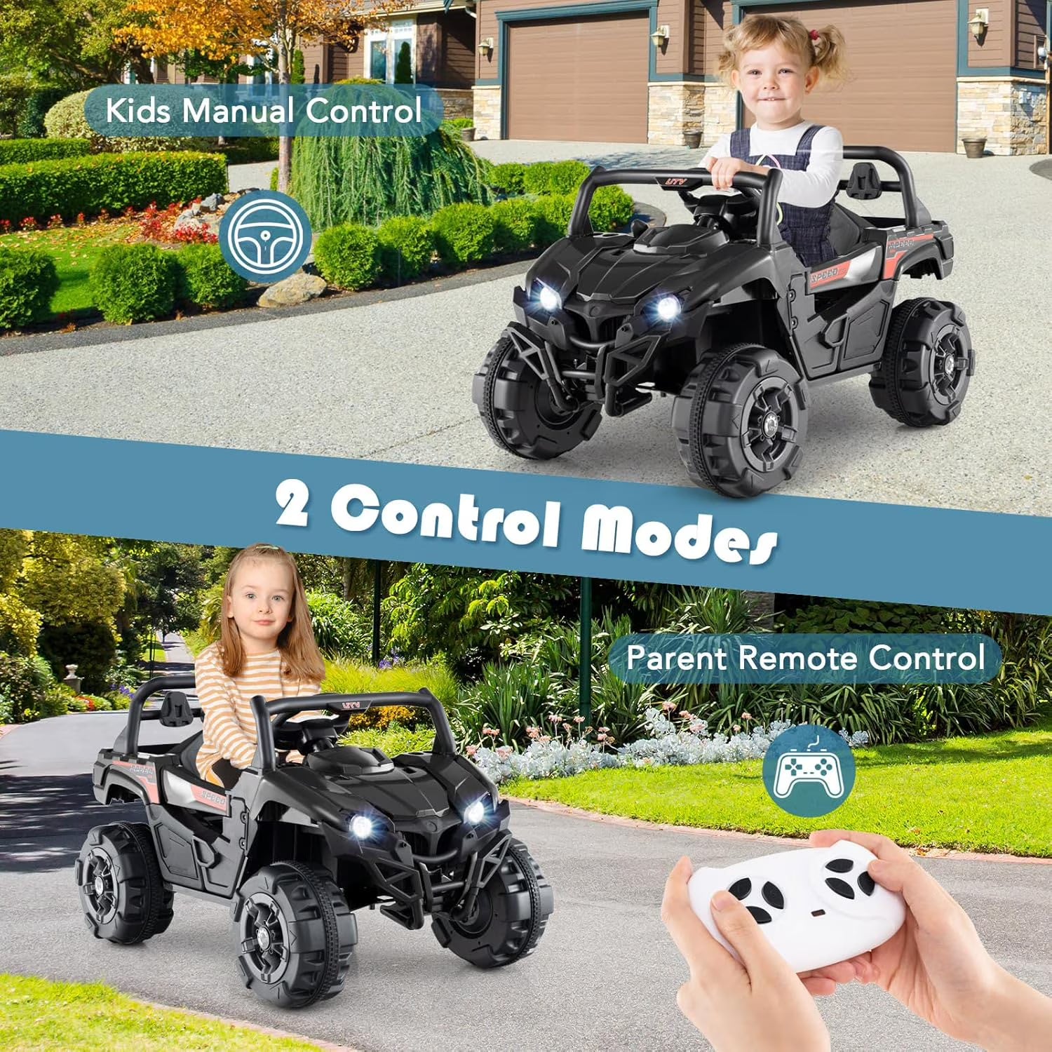 OLAKIDS 12V Ride on UTV, Battery Powered Off-Road Kids Electric Vehicles with Remote Control, Music, Horn, MP3, Lights, 3 Speeds, Soft Start, Ride on Truck for 3+ Boys Girls