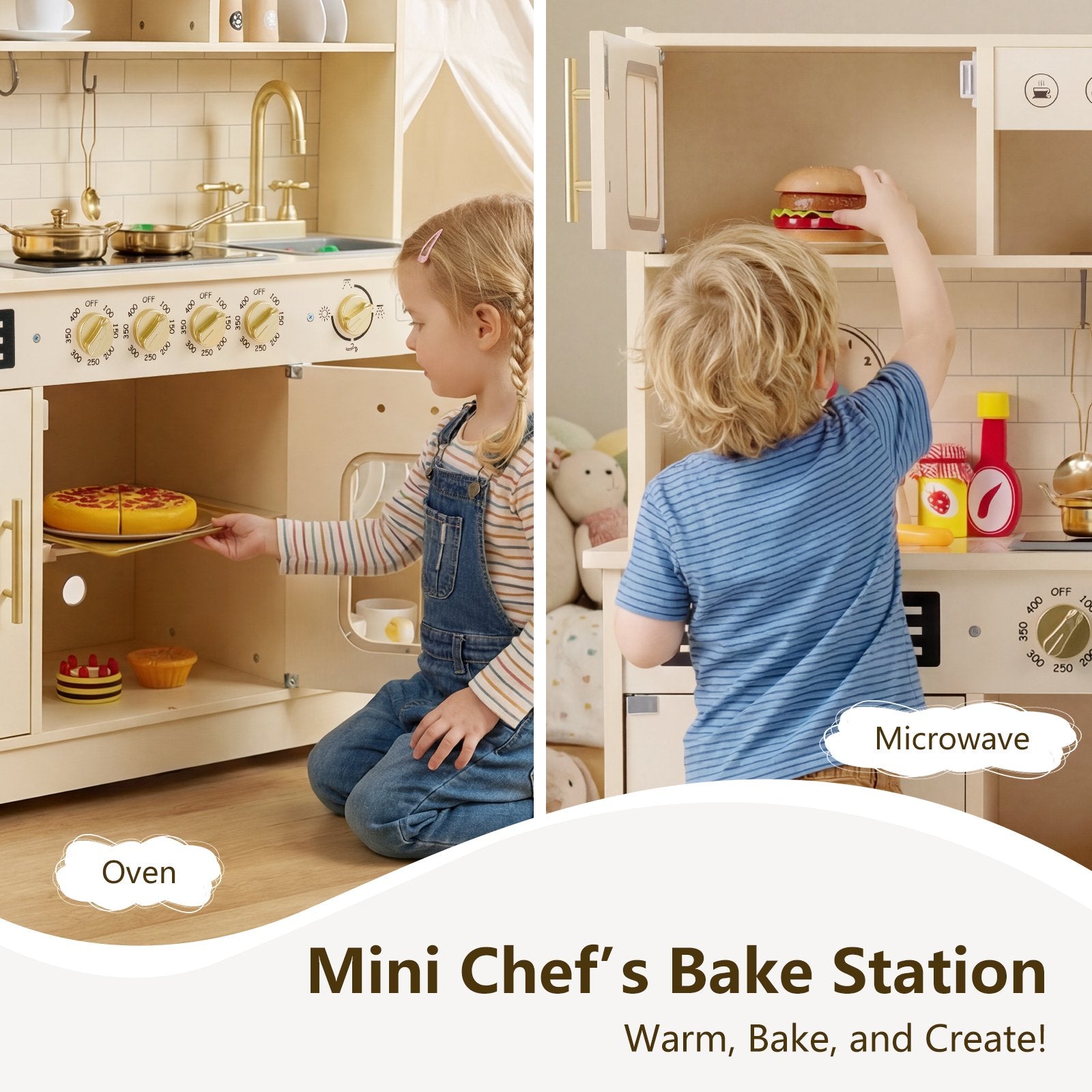 OLAKIDS Wooden Play Kitchen with Lights, Sounds, Dishwasher & Coffee Machine, Pretend Cooking Set for Ages 3+