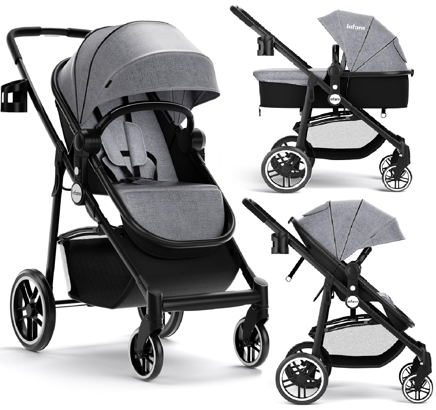 INFANS 2 in 1 Baby Stroller, High Landscape Infant Stroller & Reversible Bassinet Pram, Foldable Pushchair