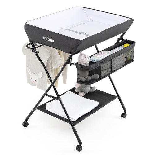 INFANS Baby Changing Table with Wheels, Portable Folding Diaper Station Nursery Organizer with Adjustable Height