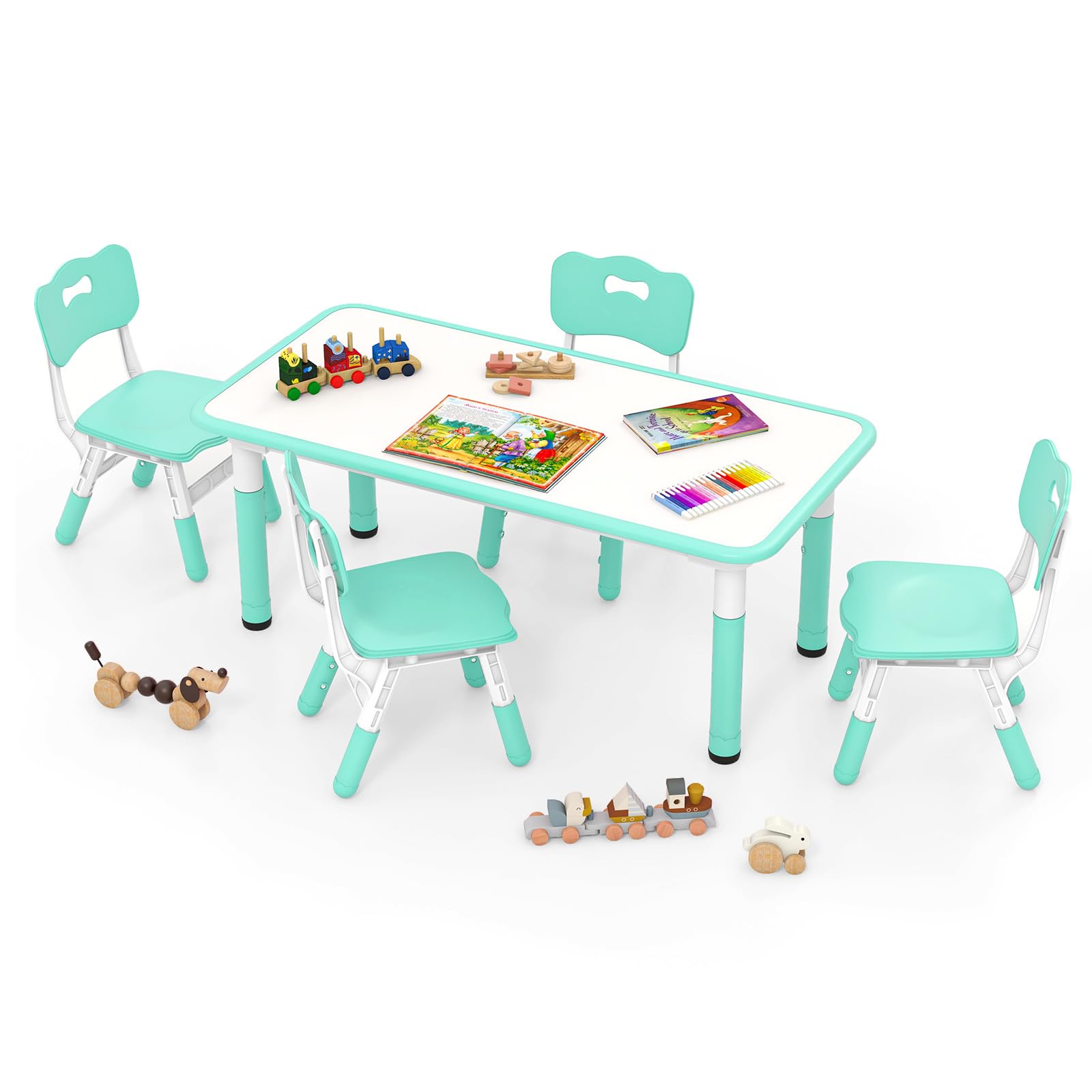 OLAKIDS Kids Table and Chiar Set, Height Adjustable Toddler Desk and 4 Chairs