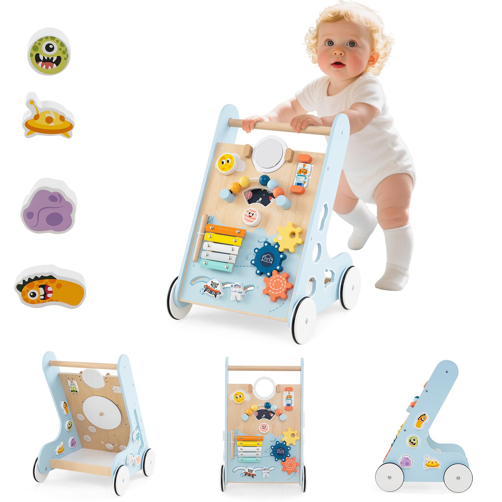 INFANS Wooden Baby Walker, Montessori Walker with Multiple Activity Toys, Storage, Push Walker Toys